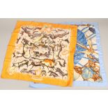Two boxed Hermes silk scarves, Premieres Mains, designed by Zoe Pauwels, dimensions, 90cm x 84cm and