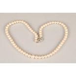 Mappin and Webb pearl necklace, single string of graduated pearls with a white metal and diamond set