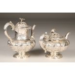 Four piece William IV silver tea service, melon form, embossed and chased floral decoration, with