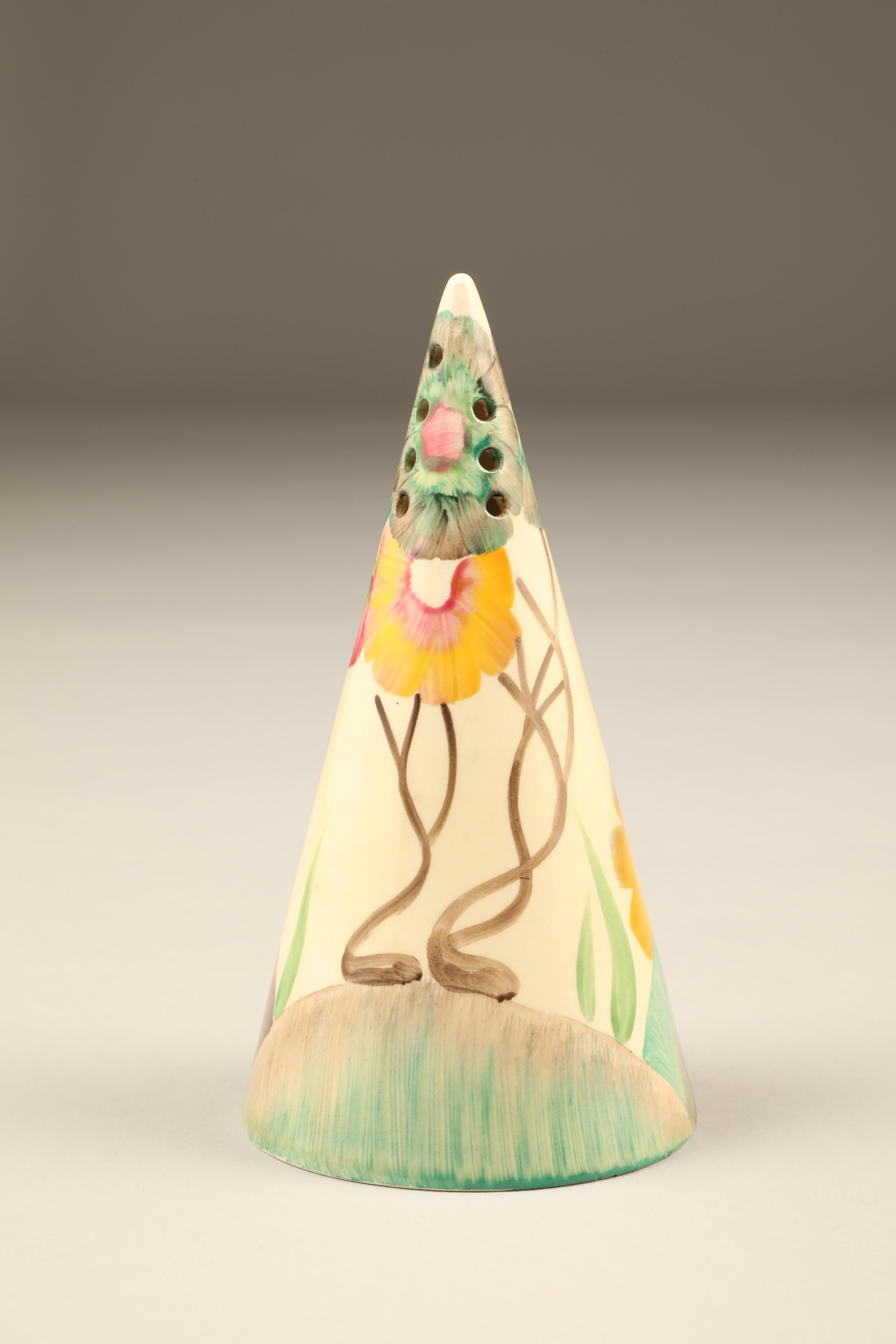 A Clarice Cliff 'Rhodanthe', hand painted pattern conical sugar caster, black factory stamp to - Image 4 of 5