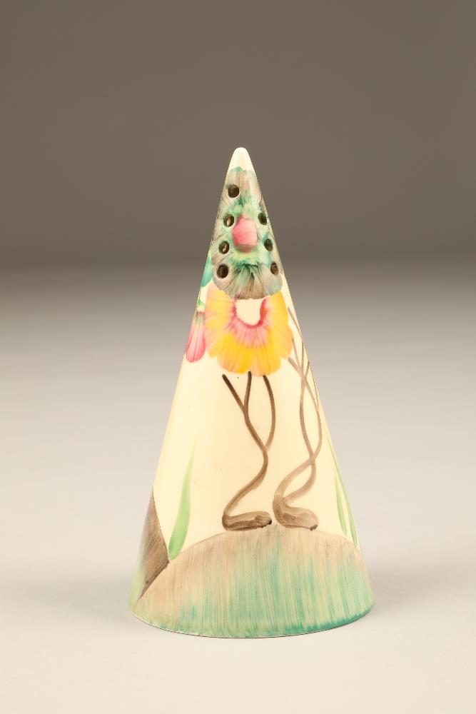 A Clarice Cliff 'Rhodanthe', hand painted pattern conical sugar caster, black factory stamp to
