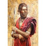 Steve Burgess ARR Framed oil on canvas, signed 'Masai Warrior' 36cm x 25cm