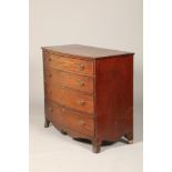George III mahogany bow front chest, of four graduated drawers, gilt oval handles, on splay feet