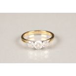 Ladies three stone diamond ring, mounted in 18 carat yellow gold, central stone 0.5 carats,