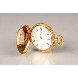 Ladies 18 carat gold half hunter pocket watch, engraved and chased case, circular white enamel