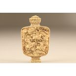 Japanese carved ivory scent bottle, flat and thin form, detailed decoration to both sides, depicting
