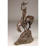Charles M Russell (American) Bronze sculpture, signed 'Native American Indian on horseback' Height