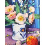 Mary Gallagher (Scottish born 1953) Framed oil on board, signed Still Life 'Lenten Roses' 36cm x