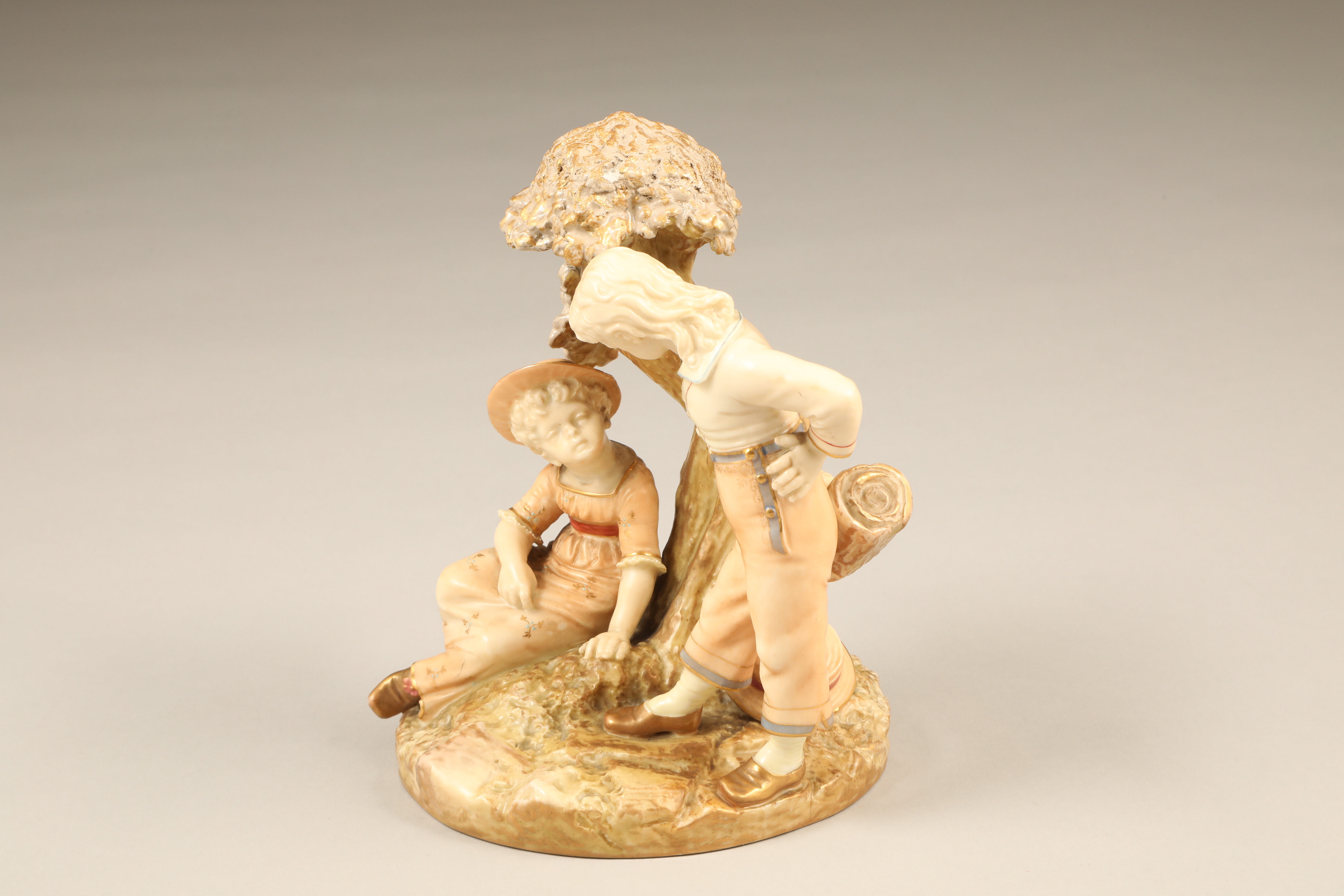 Royal Worcester figure group, boy and girl under a tree, date coded 1891, Model No 1364, Rd No - Image 2 of 4