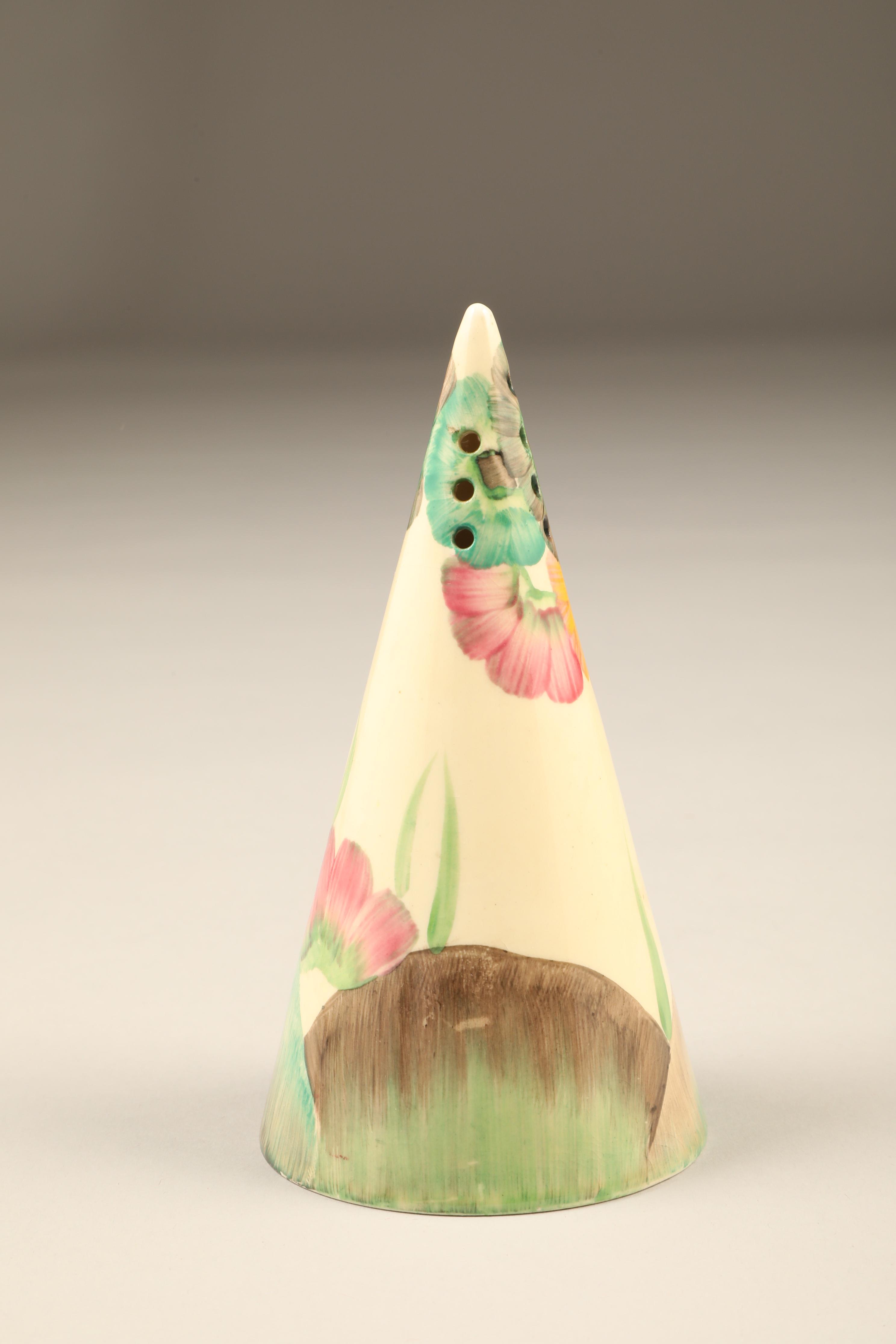 A Clarice Cliff 'Rhodanthe', hand painted pattern conical sugar caster, black factory stamp to - Image 5 of 5