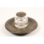 Scottish tartan Mauchline ware ink stand, Leslie tartan with a glass ink well, with Leslie tartan