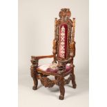 Pair of carved hardwood throne chairs, purple upholstered back and seat, with carved shield motifs