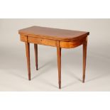 Edwardian mahogany foldover tea table, with string inlay frieze drawer, on four tapered legs