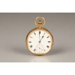 Gents 18 carat gold open faced pocket watch, white dial with black roman numerals, subsidiary