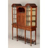 Edwardian inlaid mahogany display cabinet, central twin panelled cabinet doors, flanked either