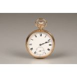 9 carat gold cased open pocket watch, white dial, roman numerals and a subsidiary seconds dial Total