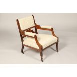 Pair Victorian inlaid rosewood open arm chairs, upholstered backs and elbows with a stuffover