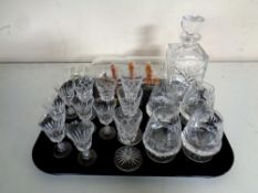 A tray containing assorted glassware to include lead crystal whisky decanter,