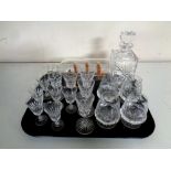 A tray containing assorted glassware to include lead crystal whisky decanter,