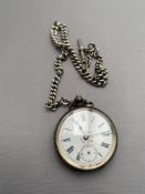 A silver fob watch on silver Albert CONDITION REPORT: 75g