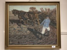 Continental school : Farmer with plough, oil on board,