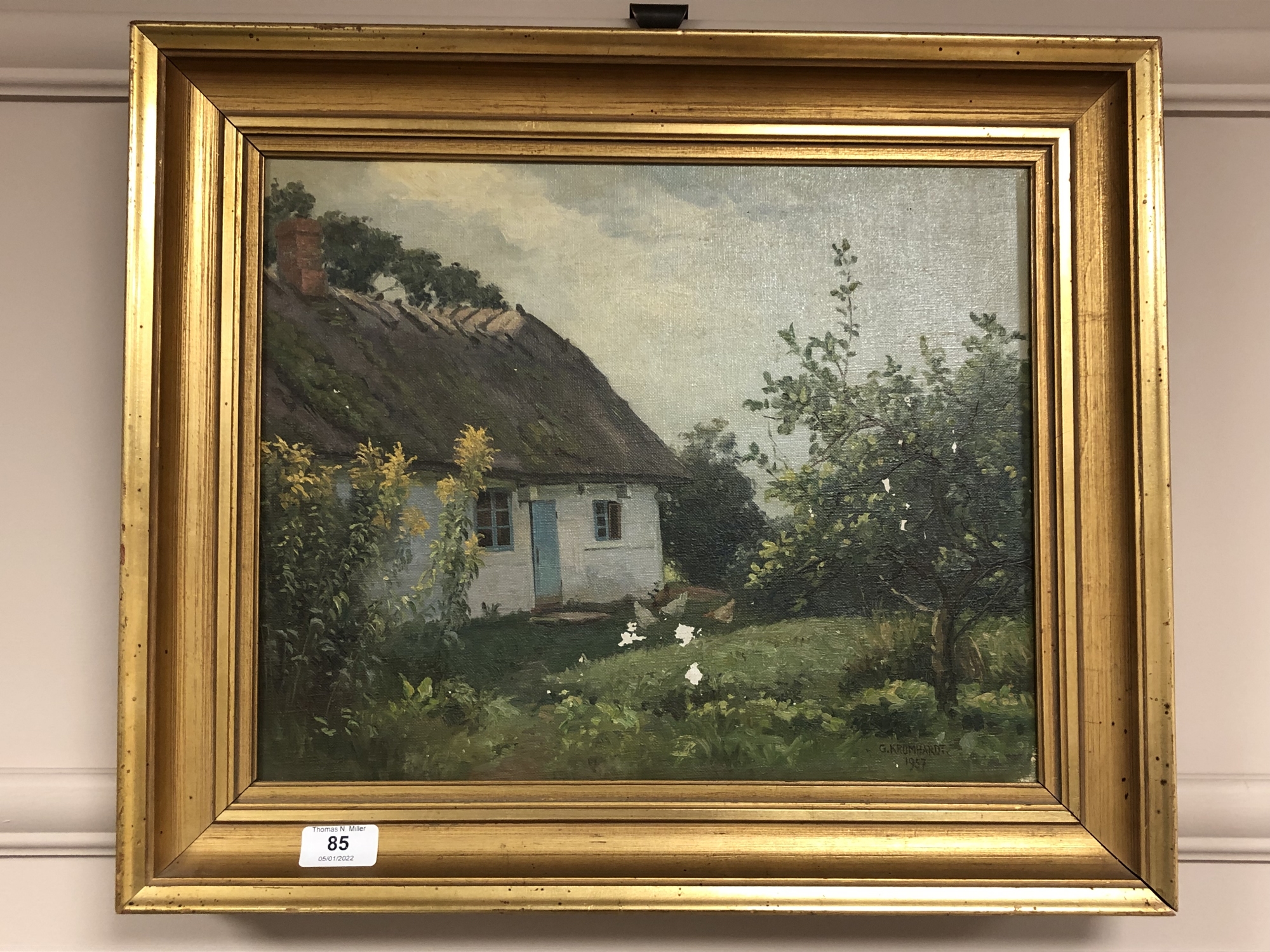 G Kronharbt : Chickens by a thatched cottage, oil on canvas,