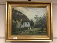 G Kronharbt : Chickens by a thatched cottage, oil on canvas,