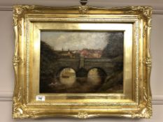 20th century school : Sailing boat heading towards a bridge, oil on canvas,