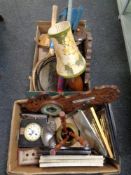 Two boxes of part slate mantel clock, Edwardian carved barometer, sports rackets,