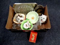 A box containing miscellaneous to include pens, assorted ceramics, glassware, Beswick bowl,