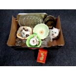 A box containing miscellaneous to include pens, assorted ceramics, glassware, Beswick bowl,