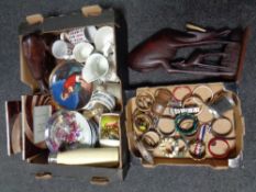 Two boxes of assorted bangles and watches, carved hardwood animal figures, collector's plates,