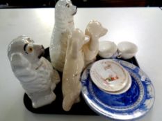 A tray of antique ceramics : two pairs of Staffordshire dogs,