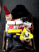 Two boxes of miscellany to include a 15 million candle power spot light, axle stands, air filters,