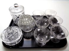 A tray of assorted glass ware to include cut glass lidded biscuit barrel and powder bowl, rose bowl,