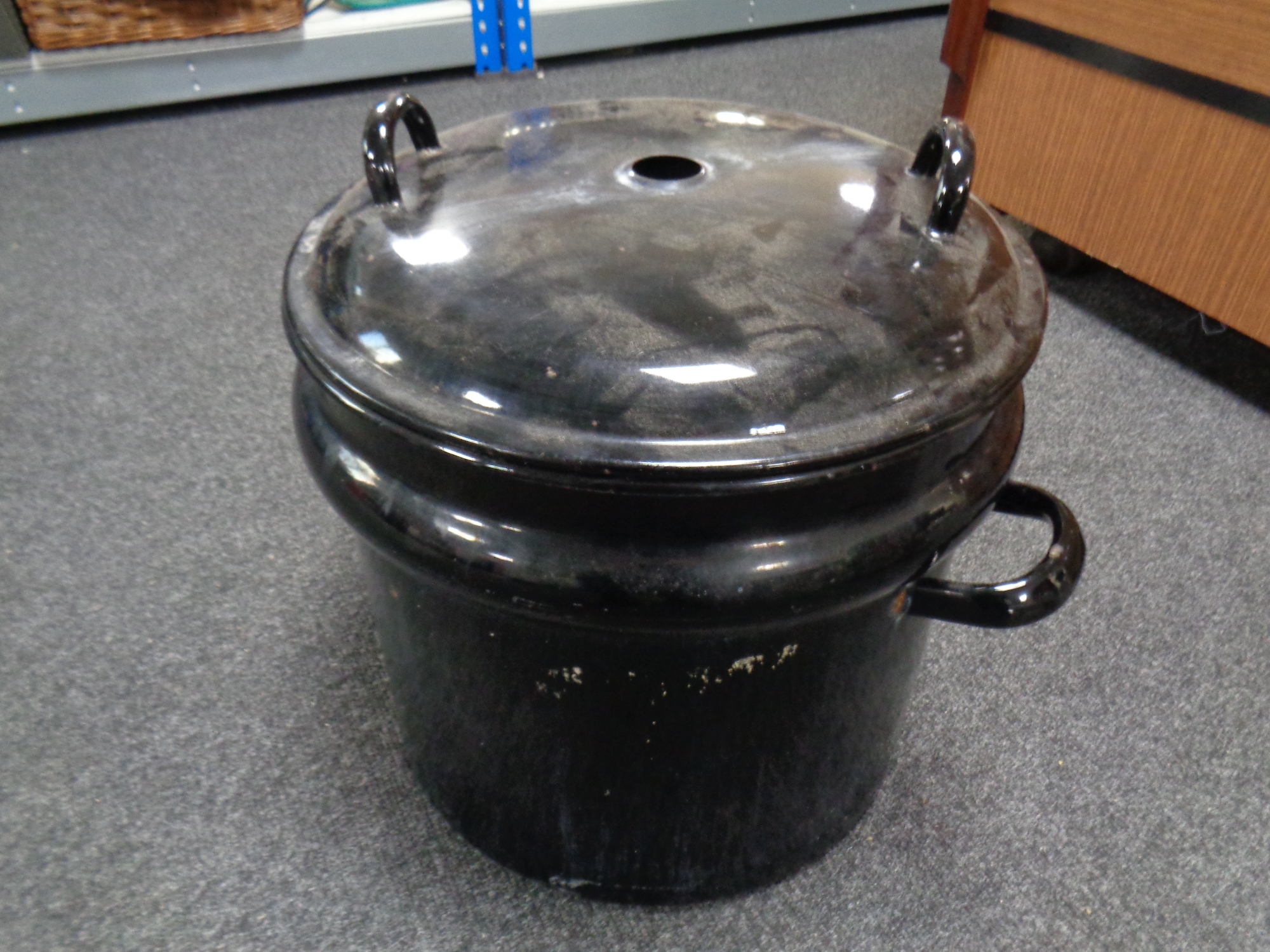 A 20th century galvanised enamelled lidded pot