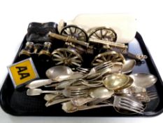 A tray containing plated cutlery, pair of ornamental canons,