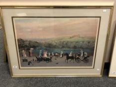 After Helen Bradley : Figures on a bridge, colour print, 71 x 49 cm,