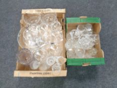 Two boxes containing assorted glassware to include drinking glasses, cut glass vase,