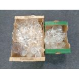 Two boxes containing assorted glassware to include drinking glasses, cut glass vase,