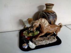 A tray containing assorted ceramics to include pottery vase,