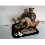 A tray containing assorted ceramics to include pottery vase,