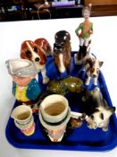 A tray containing assorted ceramics to include Royal Doulton Sir Henry Doulton D7057 character jug,