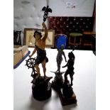 Three French spelter figures on wooden bases