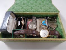 A box of assorted lady's and gent's wristwatches, crowns, costume jewellery,