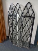 Three antique Gothic cast iron glazed window panels