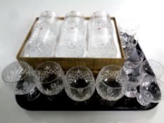 A tray of glasses including boxed set of six Finnish Hala whiskey tumblers