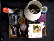 Two boxes containing miscellaneous to include kitchen electricals, glass vases, utensils,