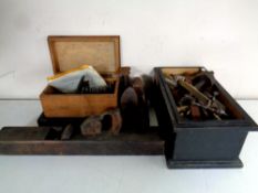 Two vintage wooden boxes containing horology tools, hand tools, cobbler's last,