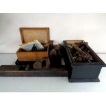 Two vintage wooden boxes containing horology tools, hand tools, cobbler's last,